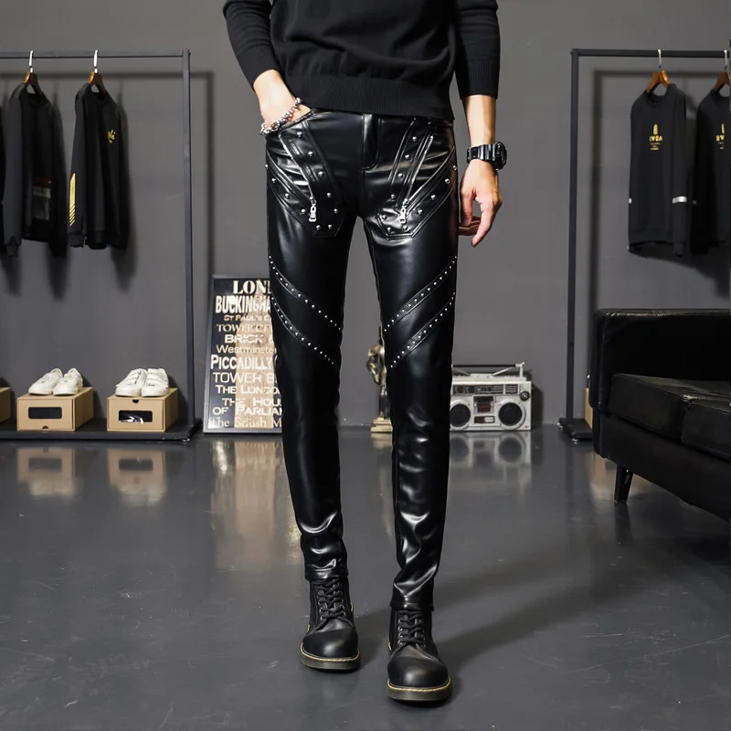 

2022 Men's New Thick Type Slim Fit Tight Feet Leather Pants Youth Riveting Nail Zipper Decorations Casual PU Leather Pants