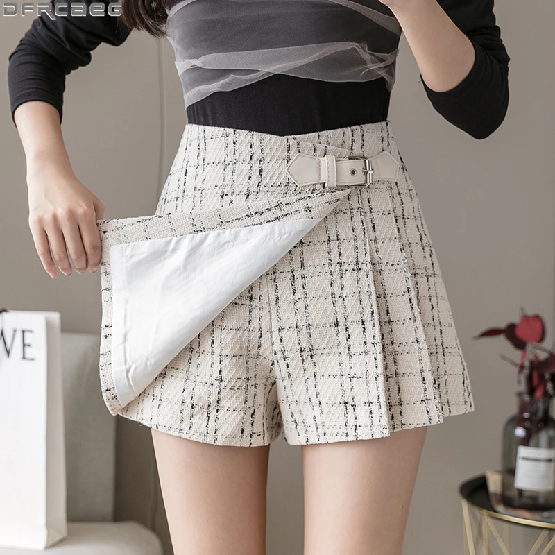 

Fashion High Waist A-line Plaid Women's Skirts Shorts Autumn Winter Wool Tweed Skirt Vintage Mini Checkered Pleated Mujer Faldas