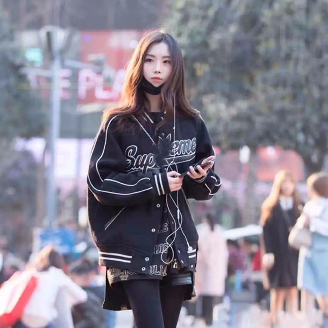 

Embroidered tweed Baseball Jacket loose couple student trend cardigan casual autumn winter coat