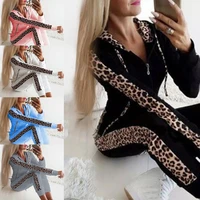 women two piece sportswear outfits leopard print long sleeve zipper hoodie sweatshirt drawstring sweat tracksuit