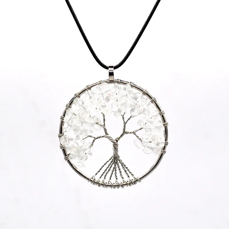 24Send Leather Chain Подвески из природного камня Подвески 7 Чакра радужные украшения DIY кварцевые Дерево жизни рейки исцеляющий кулон ожерелье Маятник для женщин и мужчин - Окраска металла: 24Send Leather Chain