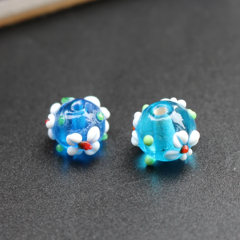 

10Pcs 11mm*9mm 12mm*10mm Lampwork Flower Glass beads Ocean blue Color with Outer White flower Fashion beads for jewelry making
