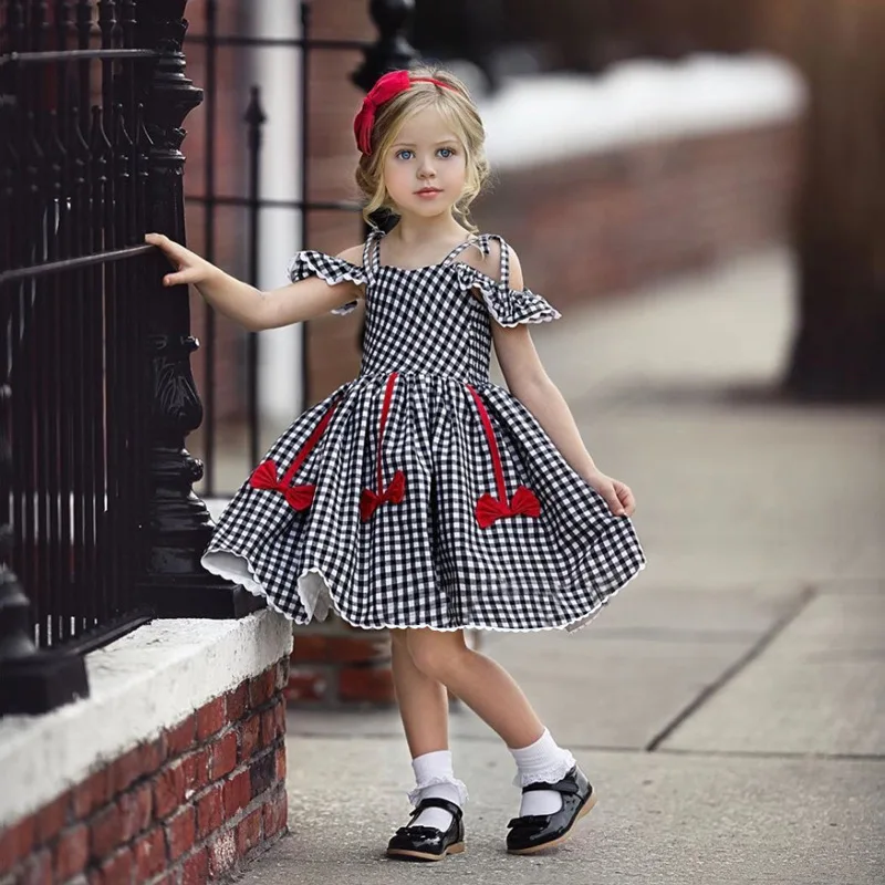 

EACHIN Girls Dresses Fashion Baby Kids Girl Short Sleeve Off Shoulder A-Line Plaid Princess Dress Children Casual Beach Dresses