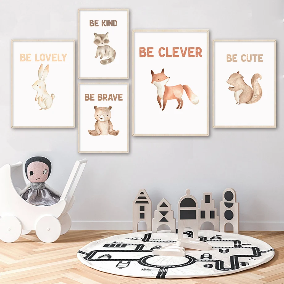 

Cartoon Animals Art Canvas Painting Fox Rabbit Bear Squirrel Hedgehog Nordic Posters Prints Wall Pictures For Kids Room Decor