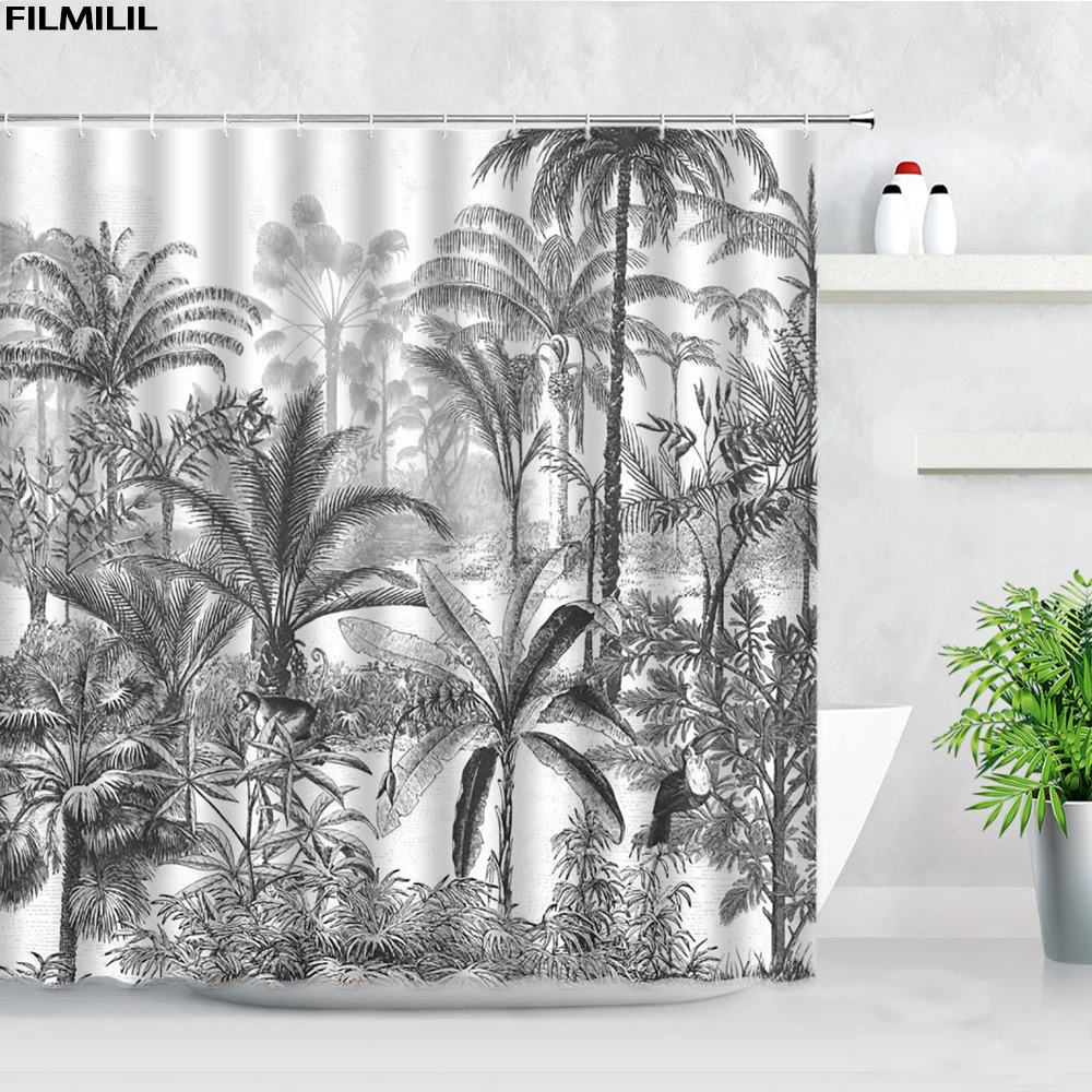tropical plant scenery shower curtain set jungle waterfall palm leaf coconut tree print waterproof cloth bathroom decor curtains free global shipping