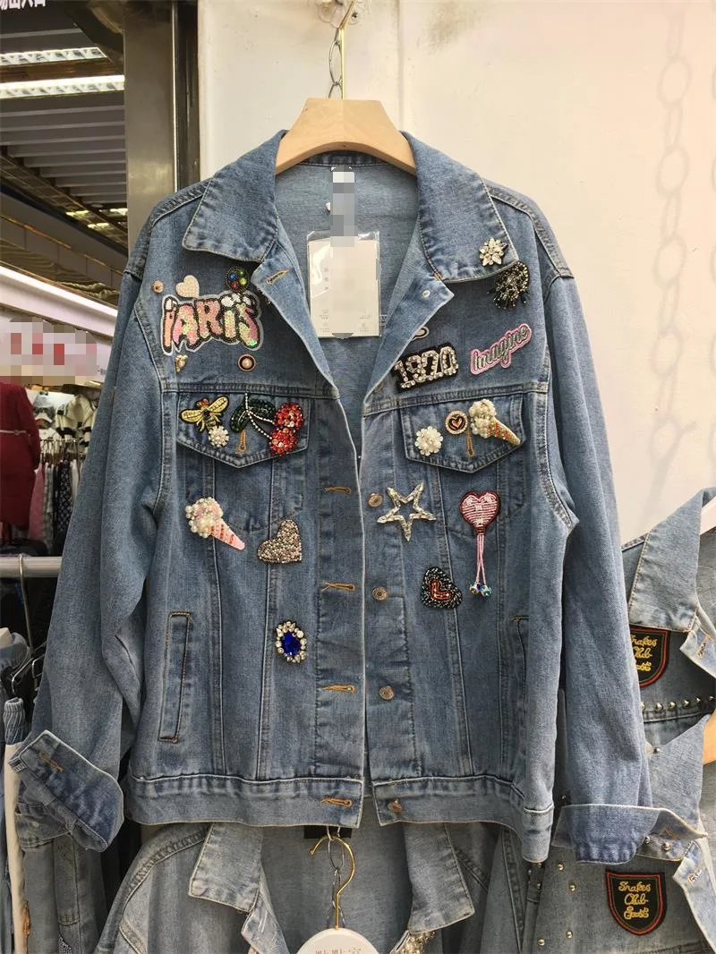 

Hiphop Street Tide Heavy Industry Embroidered Sequins Beading Denim Jackets Women Chic Lapel Mujer Loose All-Match Outerwear Ins