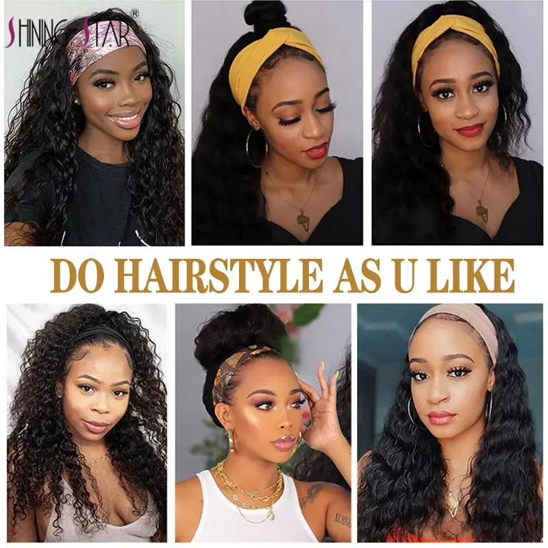 

Headband Wig Remy Human Hair Wigs 180% Density Peruvian Water Wave Hair Wig Scarf Full Machine Made Wig For Black Women No Glue