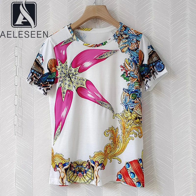 

AELESEEN High Quality Women Summer Tees Runway Fashion Luxury Beading Diamonds Colorful Print Casual Ladies T-Shirt