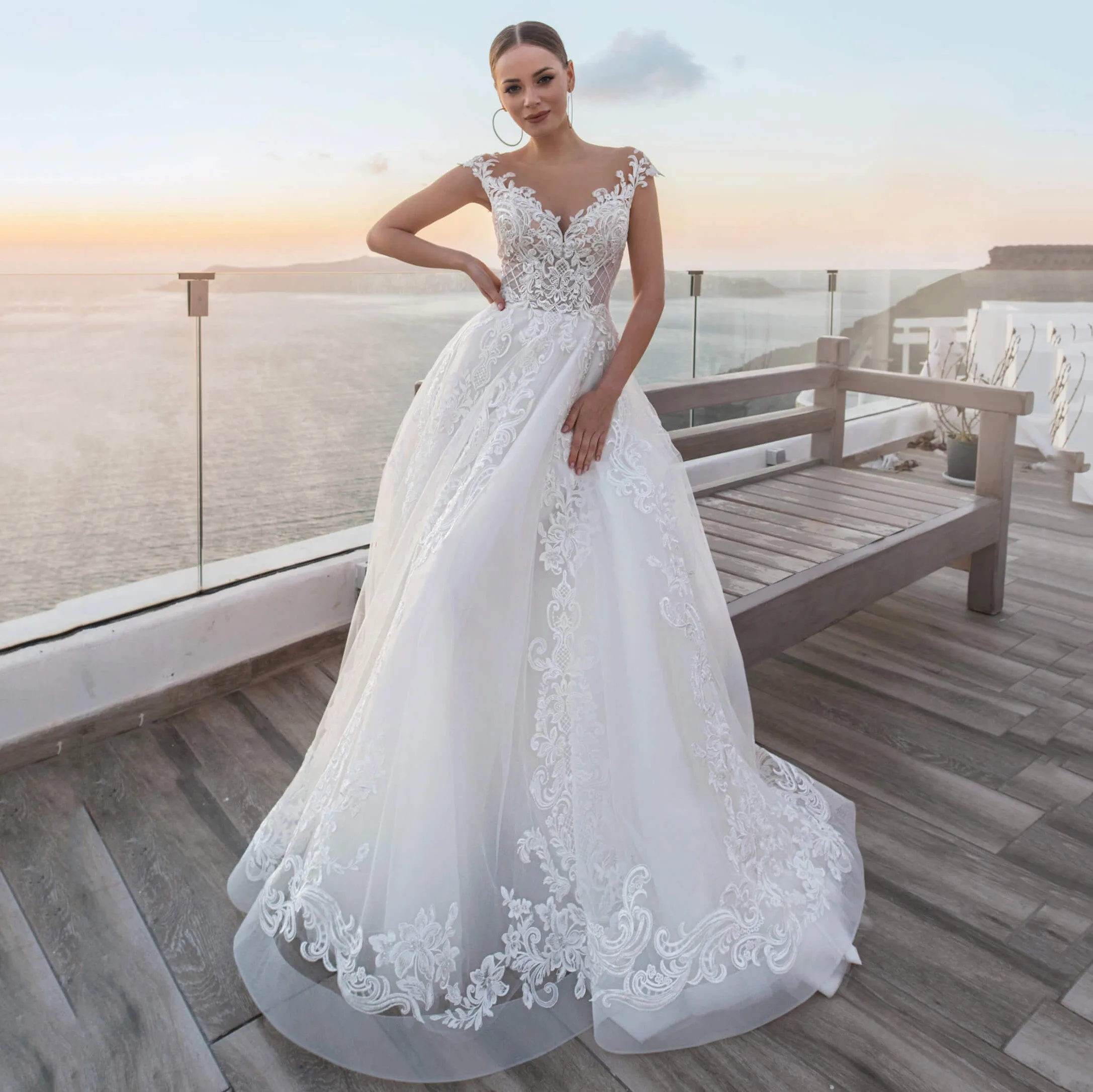 

Thinyfull 2020 Elegant Wedding Dresses A Line Sheer Scoop Neck Cap Sleeve Bride Dresses Tulle Button Lace Appliques Bridal Gown