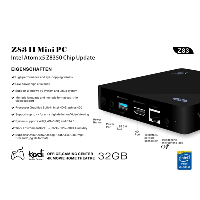 Мини-ПК Z83 для Intel Atom Z8350, до 1,92 ГГц, 4 Гб ОЗУ, 64 Гб ПЗУ, Windows 10, Bluetooth 4,0, 4 K, WiFi, 1000 м, LAN, Мини компьютер