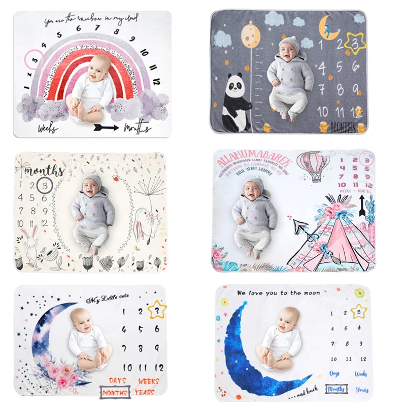 1 Set Baby Monthly Record Growth Milestone Blanket Newborn Photography Props Accessories Creative Cartoon Rainbow Printing