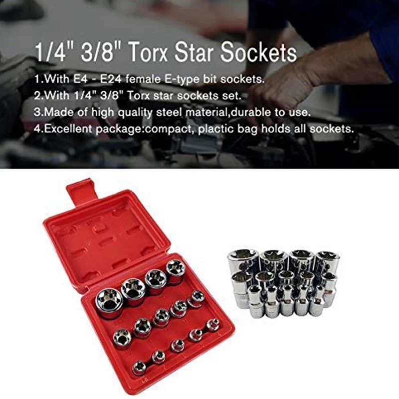 

14Pcs/Set E Torx Star Female Bit Socket Set 1/2inch 3/8inch 1/4inch Drive E4 - E24 Repair Tool Hand Tool Set