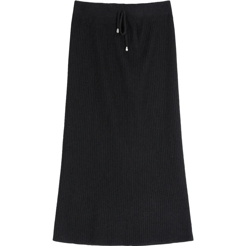 Black ELFSACK Black Solid Split Empire Waist Knitted Skirt Women Winter Pure New Elegant Skinny Office Ladies Daily Skirts - Цвет: Black