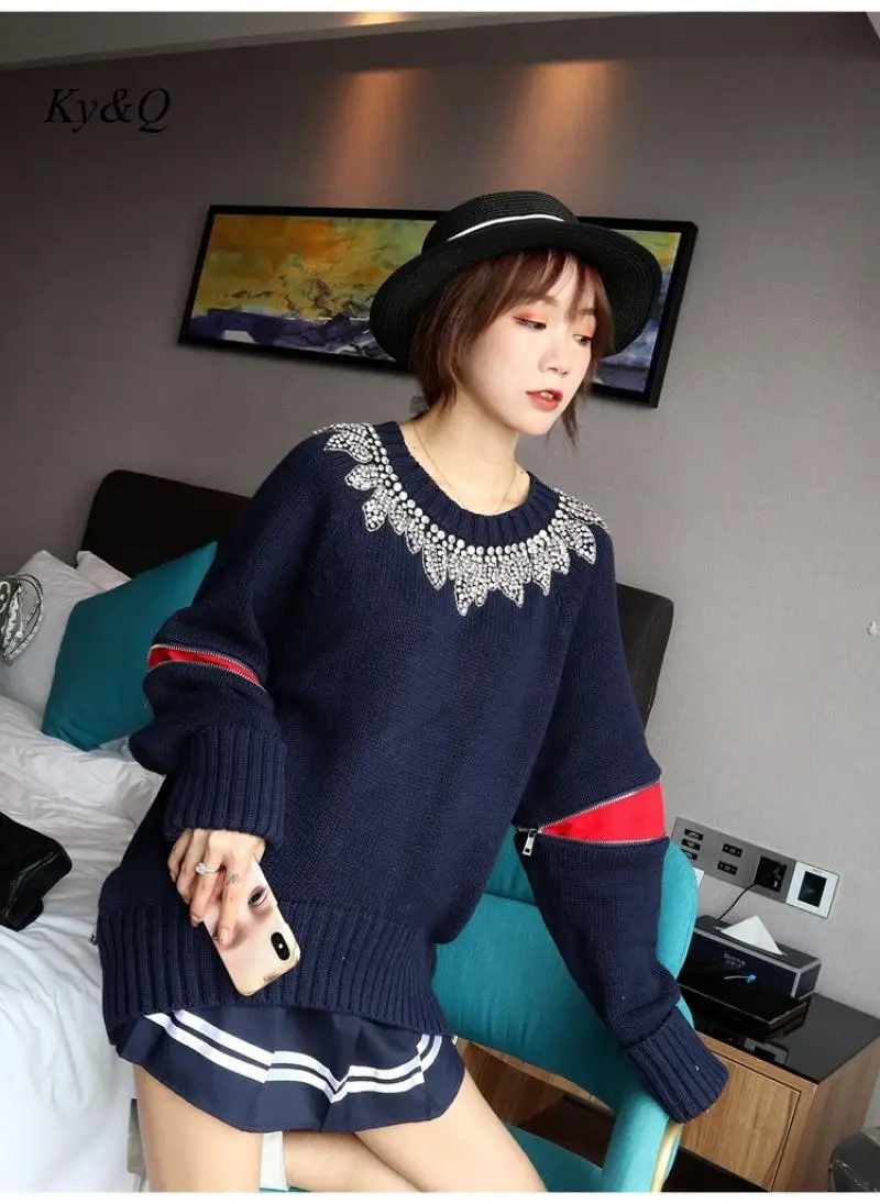 2019 Winter Christmas Oversized Sweater Women Runway High Quality Embroidered Beaded Pullvers Loose Bat Sleeve Luxury Brand | Женская