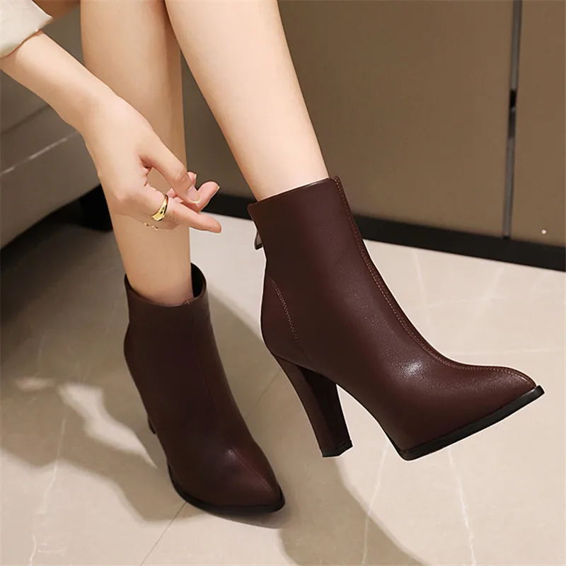 

Осенне-зимние женские ботильоны; Модные женские полусапожки на высоком каблуке с острым носком и молнией; Пикантные вечерние женские ботин...