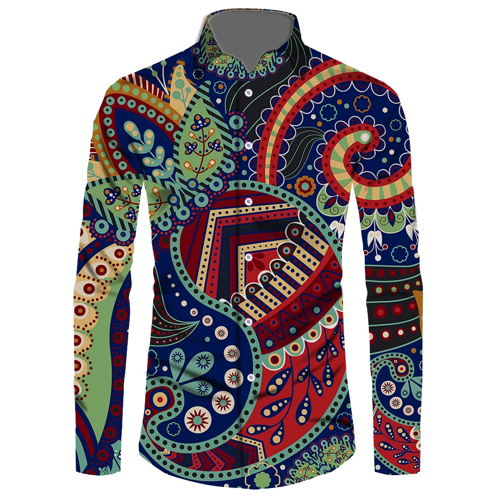 

Рубашка мужская с длинным рукавом, повседневная приталенная, с отложным воротником, с принтом, весна