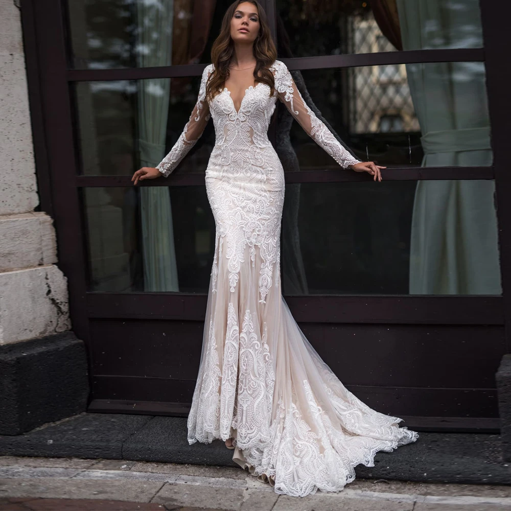 

Charming V-Neck Wedding Dresses Netting Appliques Full Sleeve Covered Button Mermaid Bridal Gowns 2021 robe de soirée de mariage