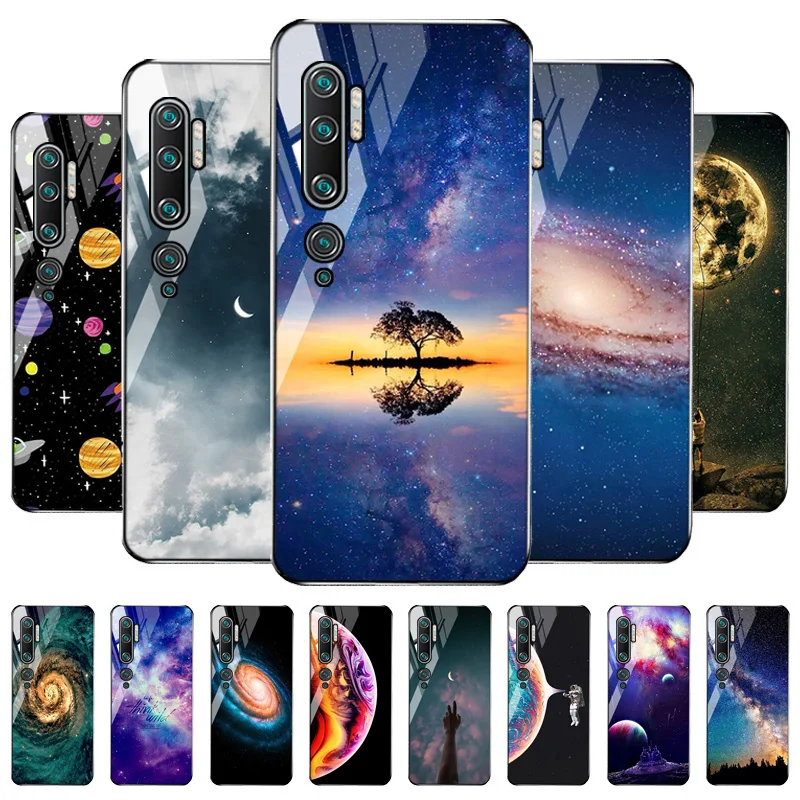 

For Xiaomi Mi Note 10 Pro Case Tempered Glass Phone Cover On Xiaomi Mi Note 10 Lite 10Lite 10Pro Starry Sky Painting Case Bumper