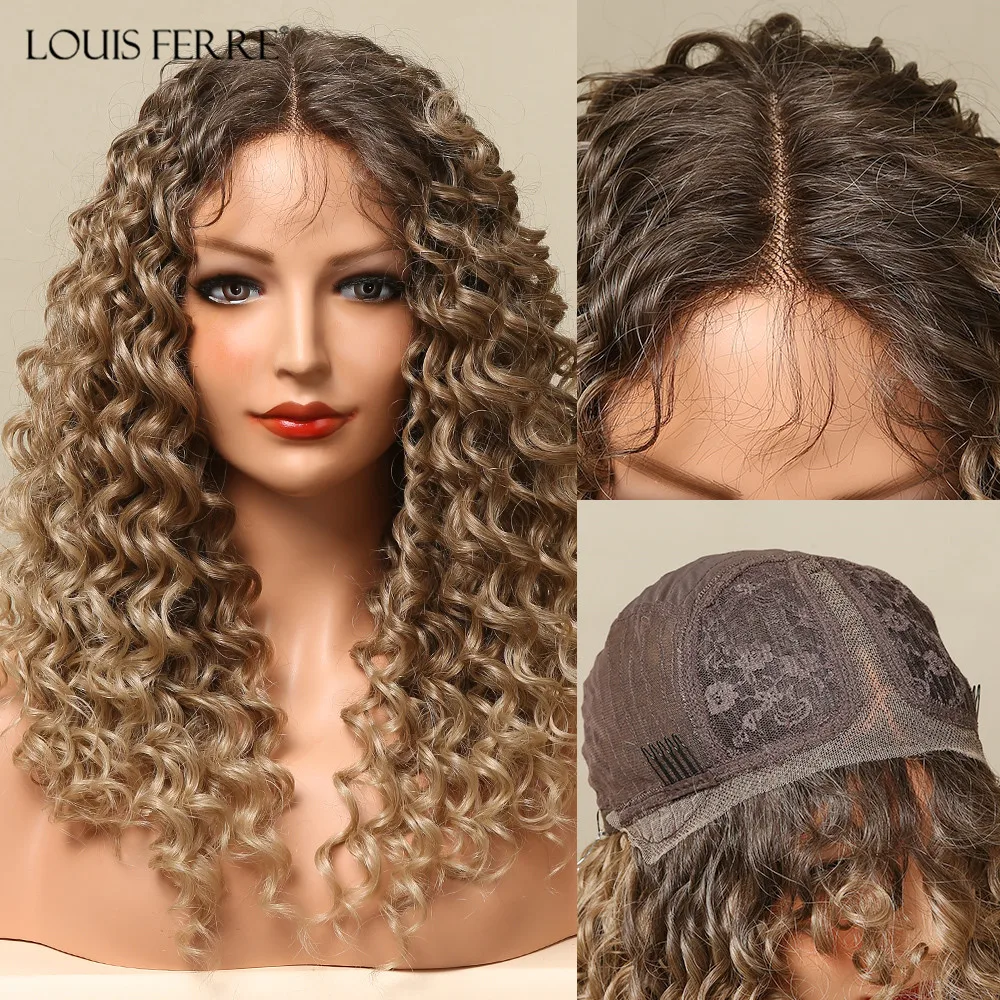 LOUIS FERRE Long Afro Kinky Curly Lace Front Wig for Women African Wigs Natural Synthetic Blonde Mixed Black Hair Heat Resistant