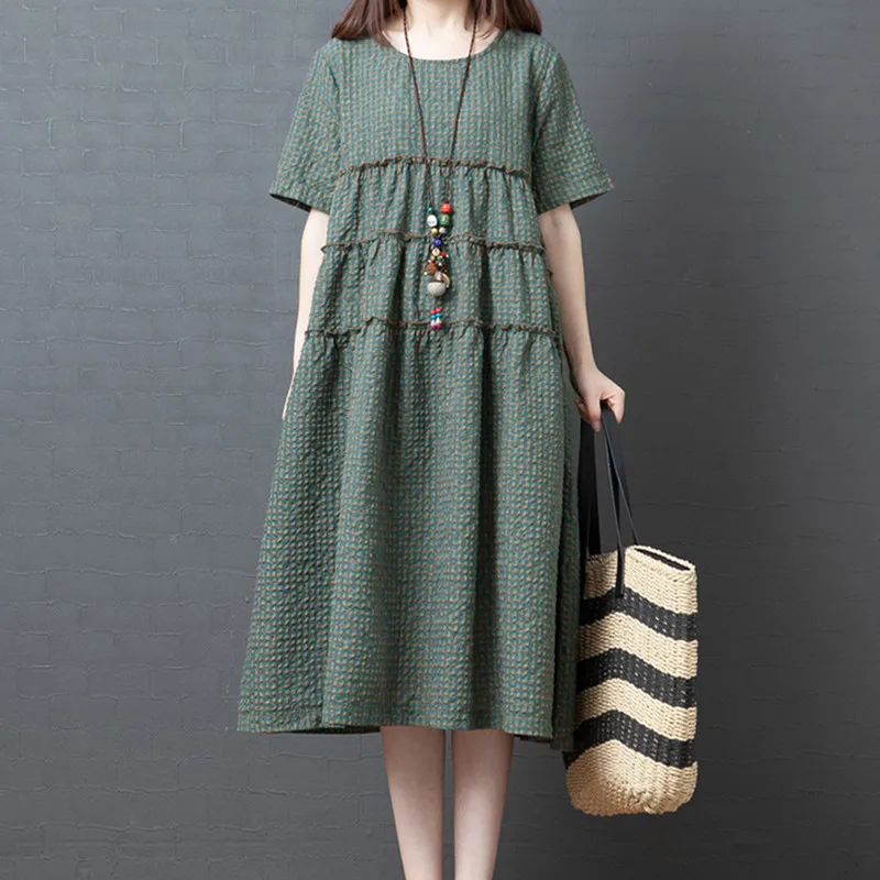 

Uego Short Sleeve Loose Summer Dress Cotton Linen Print Plaid Patchwork Vintage Dress Plus Size Women Holiday Casual Dress