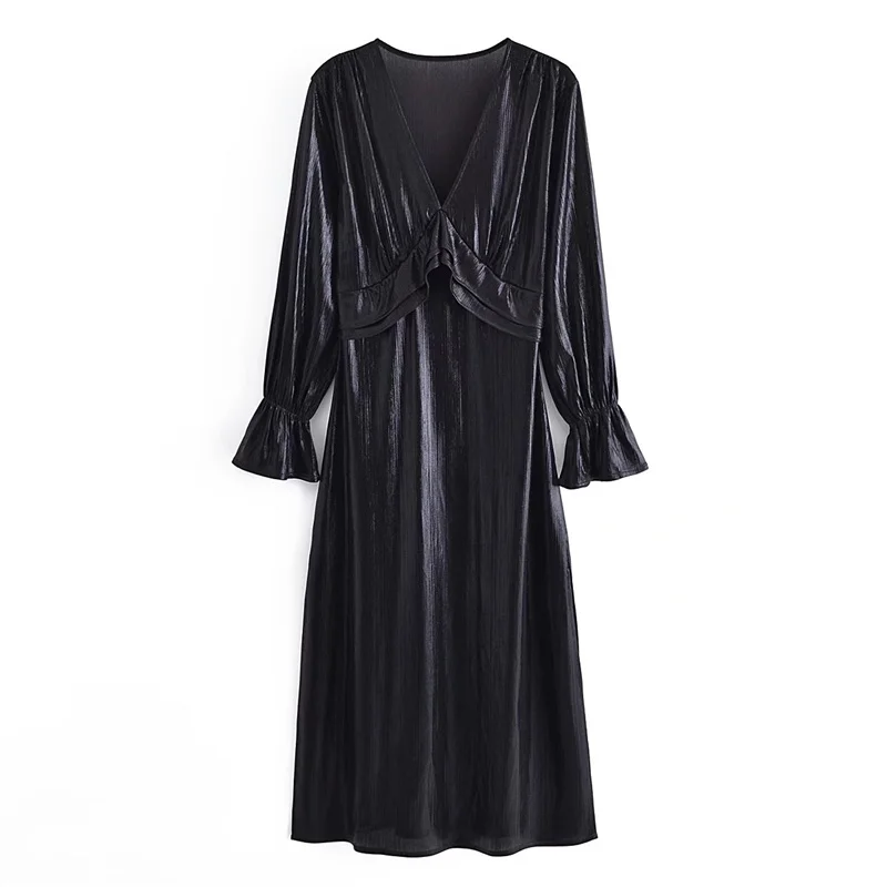 

ZXQJ женское черное плиссированное платье, осень 2021, модное женское длинное платье с V-образным вырезом, расклешенными рукавами, каскадными об...