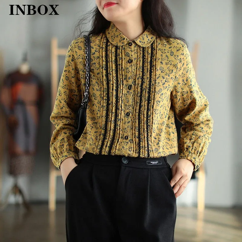 

INBOX 2022 Spring Vintage Full Sleeve Blouse Women Japanese-style Cotton Small Floral Shirts Ladies Elegant Lace Patchwork Tops