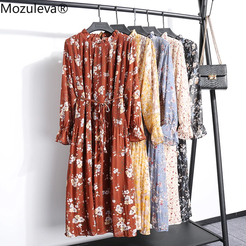 Женское шифоновое платье с длинным рукавом цветочным принтом и шнуровкой |