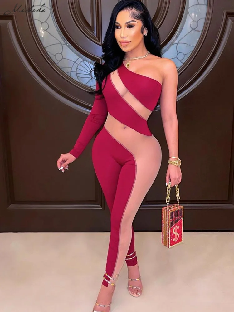 

Macheda Autumn one-sleeved body suit two-color splicing cross design fashion unique oblique shoulder sexy christmas jumpsuit