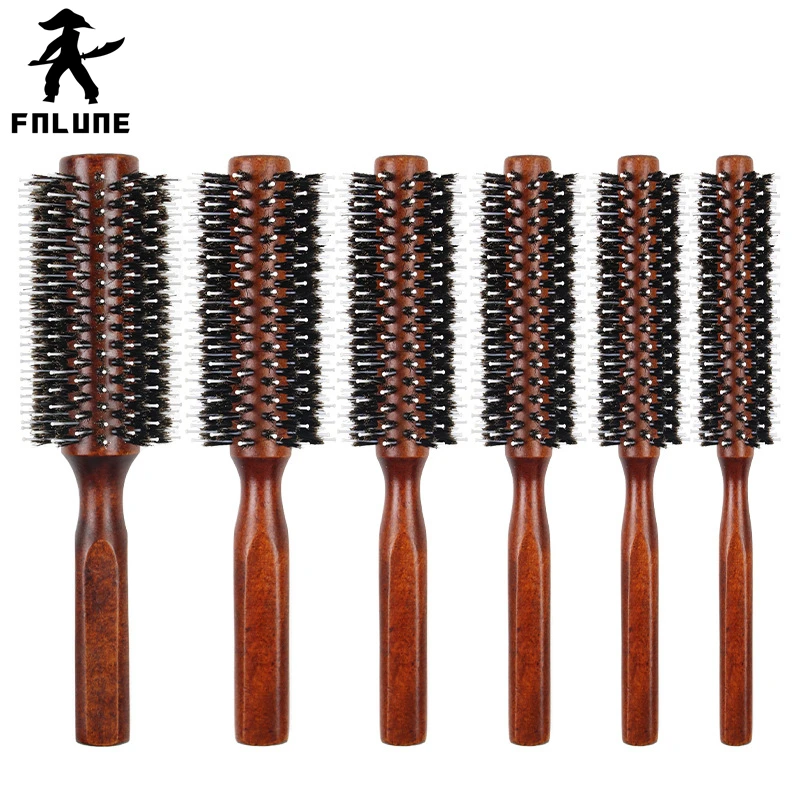 

FnLune Straight Twill Hair Comb Natural Boar Bristle Rolling Brush Round Barrel Blowing Curling DIY Hairdressing Styling Tool