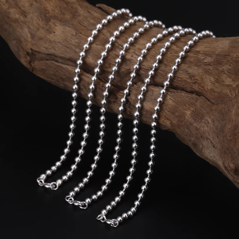 

Real S925 Sterling Silver Plain Silver Simple Versatile Mechanism Round Bead Men's And Women's Fine Clavicle Necklace Jewelry