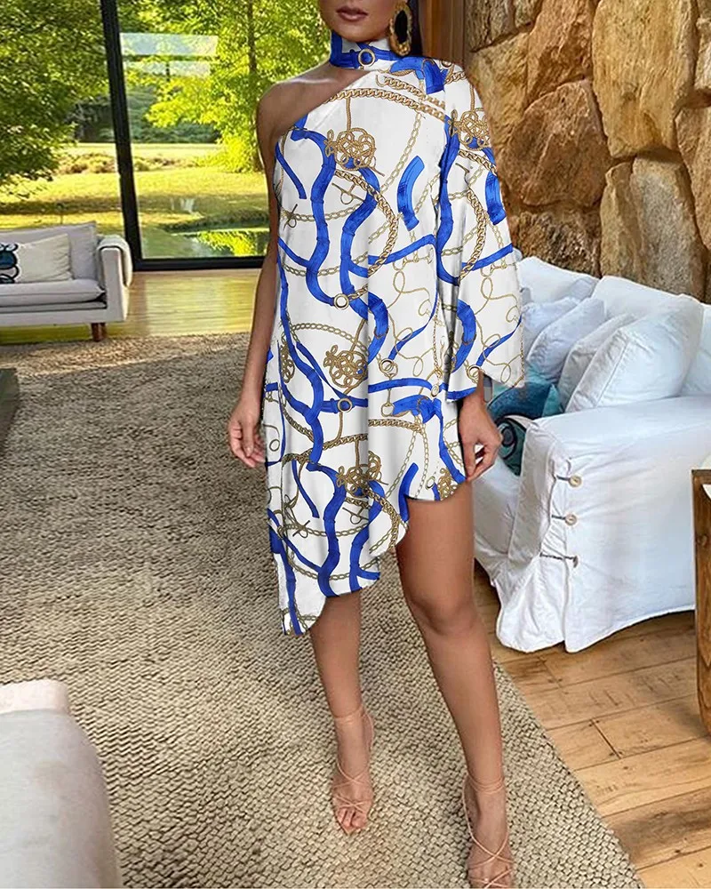 

Sexy one sleeve off shoulder dress with ruffle print