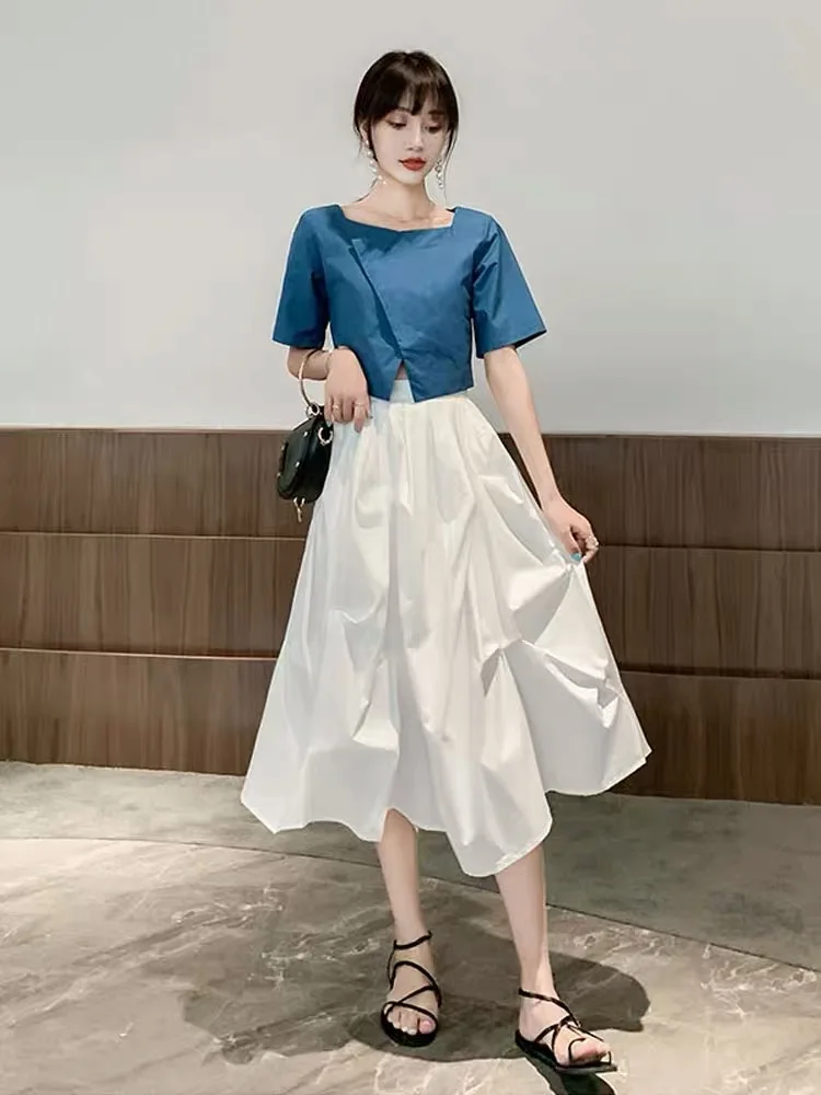 

2021 Summer Women's Fashion Blue Chic Square Collar Short Sleeve Shirt + Elastic Waistline Solid A Line Long Skirt Two Piece Set