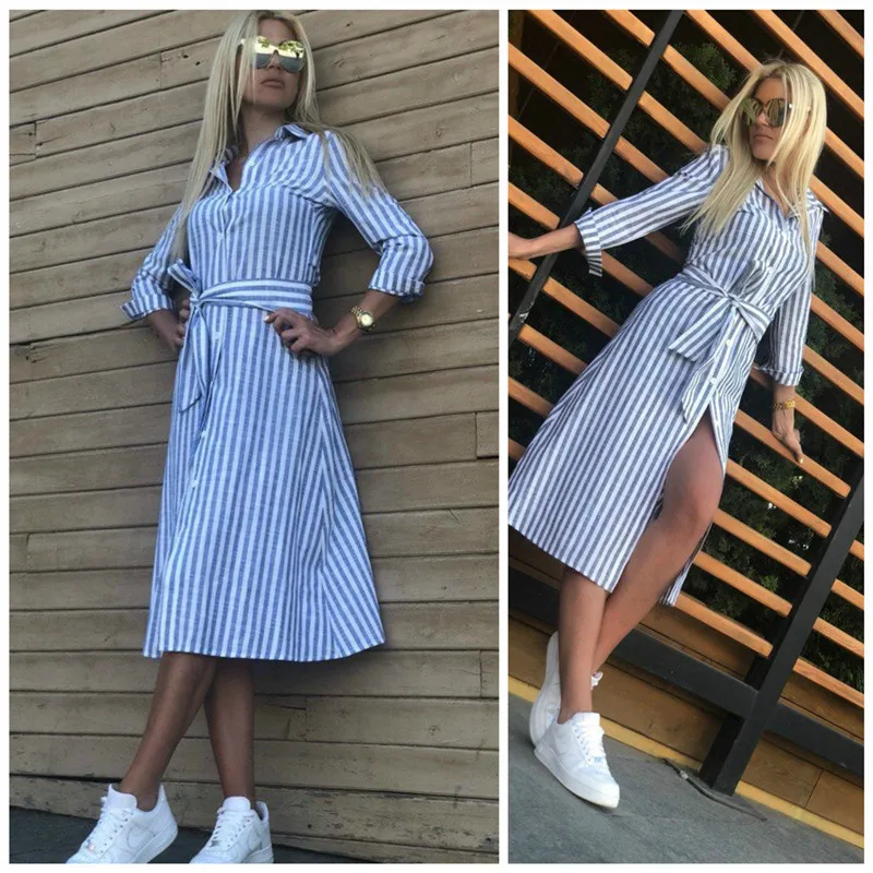 

2021 autumn new women's striped dress fashion long sleeve single breasted lace up slim midi dresses