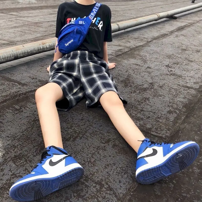 

plaid high waisted straight casual pants women shorts summer women clothing wide leg streetwear couple clothes short knee length