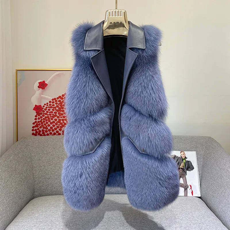 Real Fox Fur Vest Leather Patchwork Winter Clothes Women High Quality Elegant Rare Lake Blue Sleeveless Fluffy Gilet Plus Size