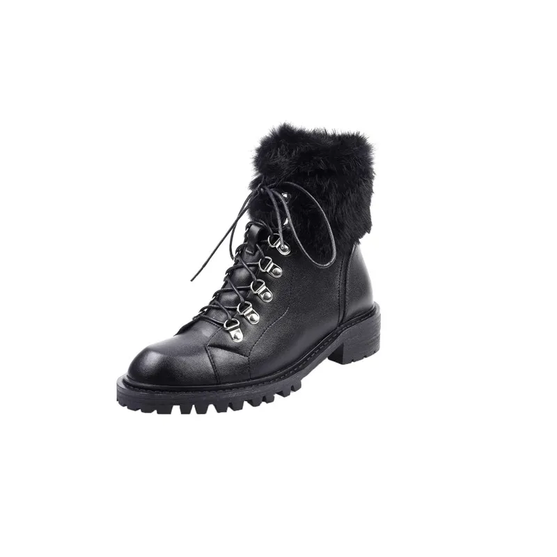 Murah Moonmeek 2020 Hot Sale Musim Dingin Tetap Hangat Pergelangan Kaki Sepatu Nyaman Med Sepatu Hak Round Toe Renda Kulit Asli Untuk Wanita