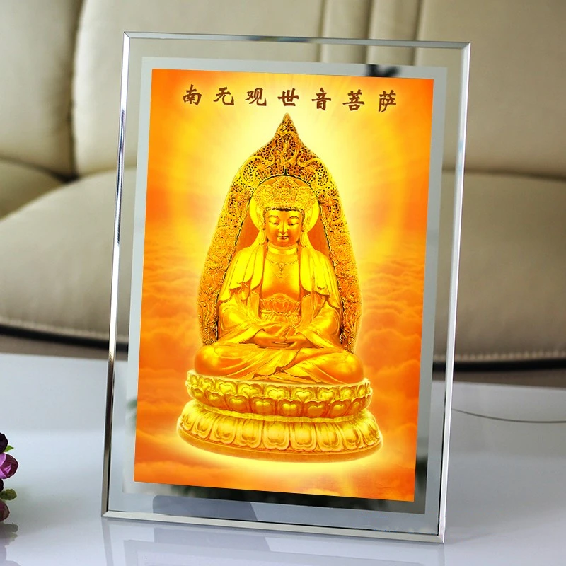 

Guanyin Bodhisattva portrait, photo paper plastic Buddha painting, Putuo Mountain Pilu Guanyin photo frame, crystal platform