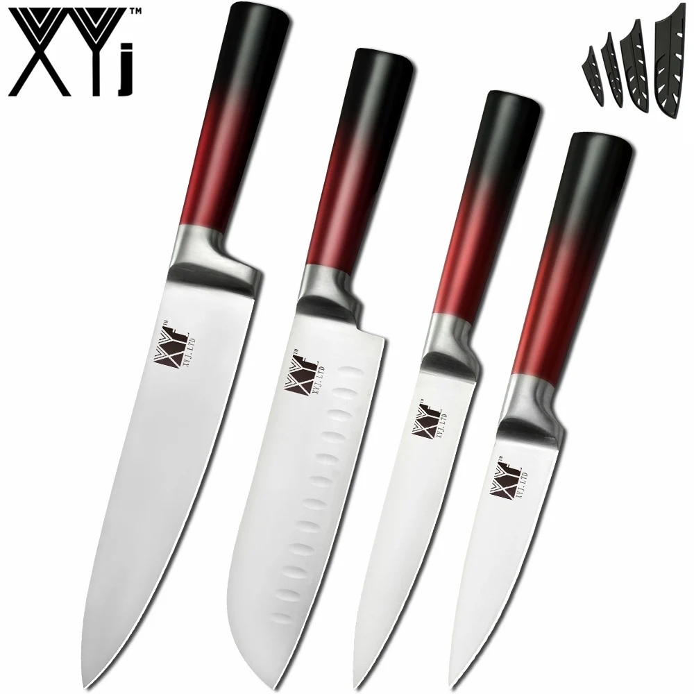 G.4PCS SET XYj кухонные ножи 9 шт. набор из нержавеющей стали поварские ножи точилка инструменты ножницы 8 ''Держатель ножей градиентный цвет кухонный аксессуар - Цвет: G.4PCS SET