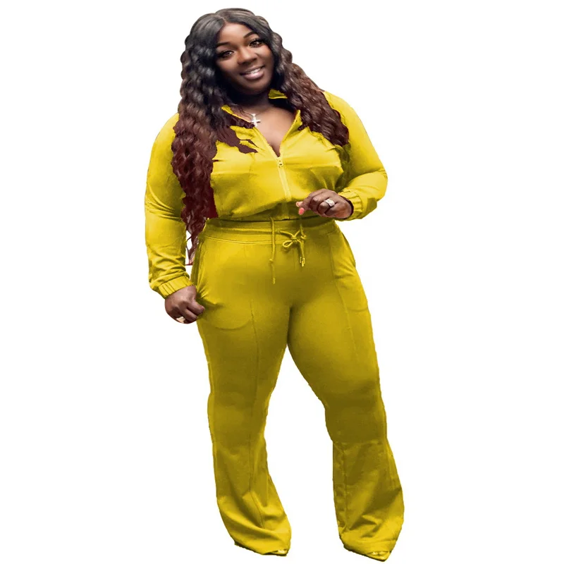 

Fashion Plus Size Tracksuit Women Two Piece Set Long Sleeve Zipper Tops Flared Pants Matching Sets Autumn Solid Leisure Outfits