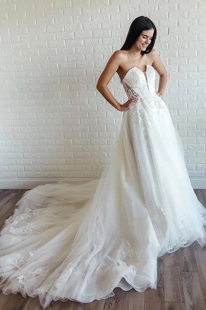 

Tulle Lace Appliques Wedding Dresses 2020 Robe De Mariee Beach Bridal Gown Boho Vestido De Noiva Sweetheart Bride Dress