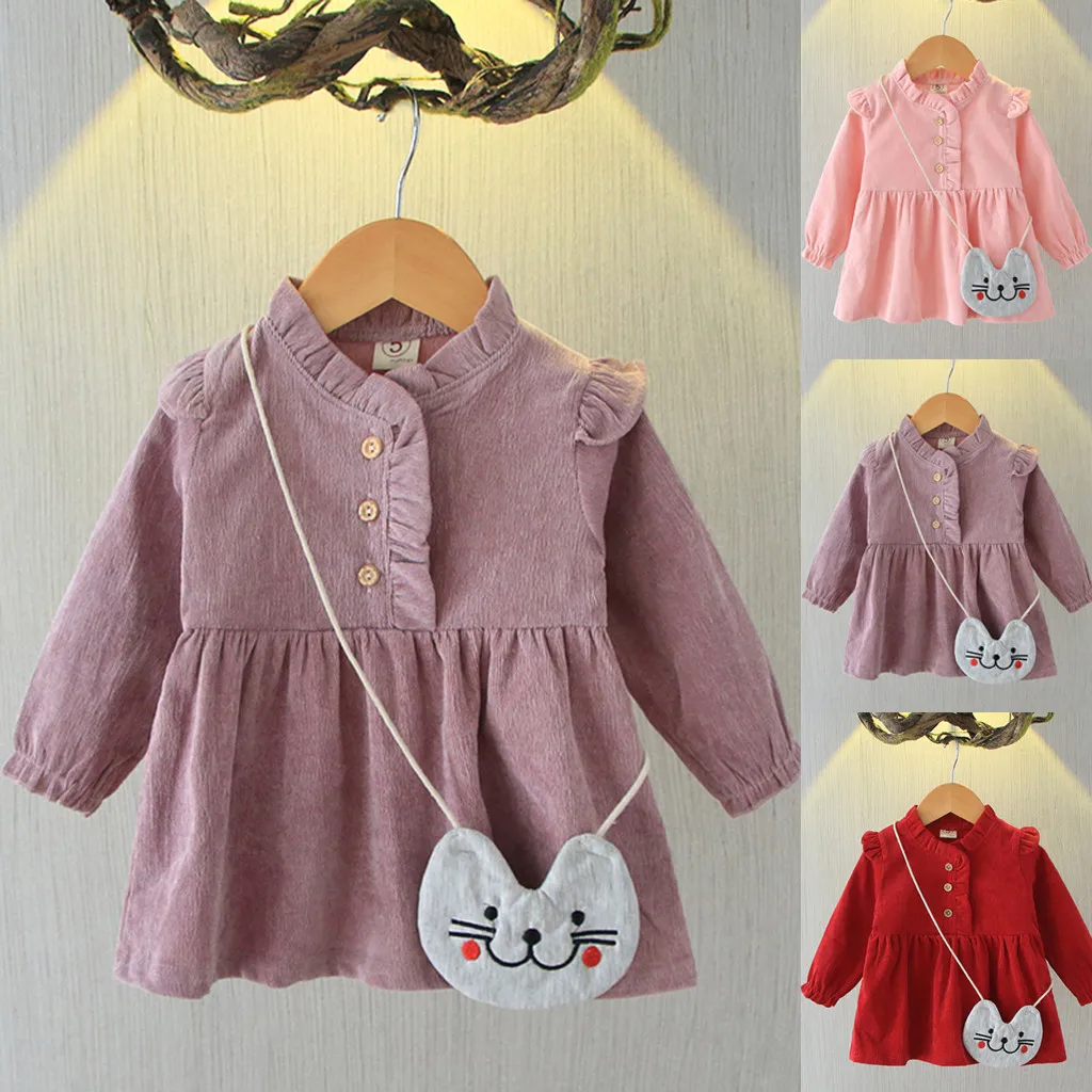 Детское однотонное платье принцессы с длинными рукавами и оборками для