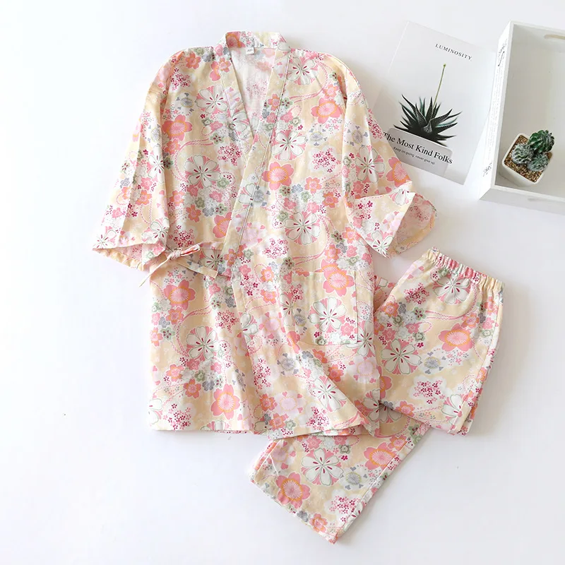 

Summer Pajamas Japanese-Style Kimono Cotton Fresh Style Pajamas Suit Female Casual Spring and Pajamas Two-Piece Home Service