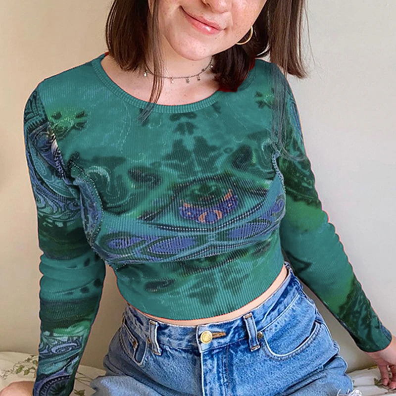 

Женский трикотажный пуловер с круглым вырезом, длинным рукавом