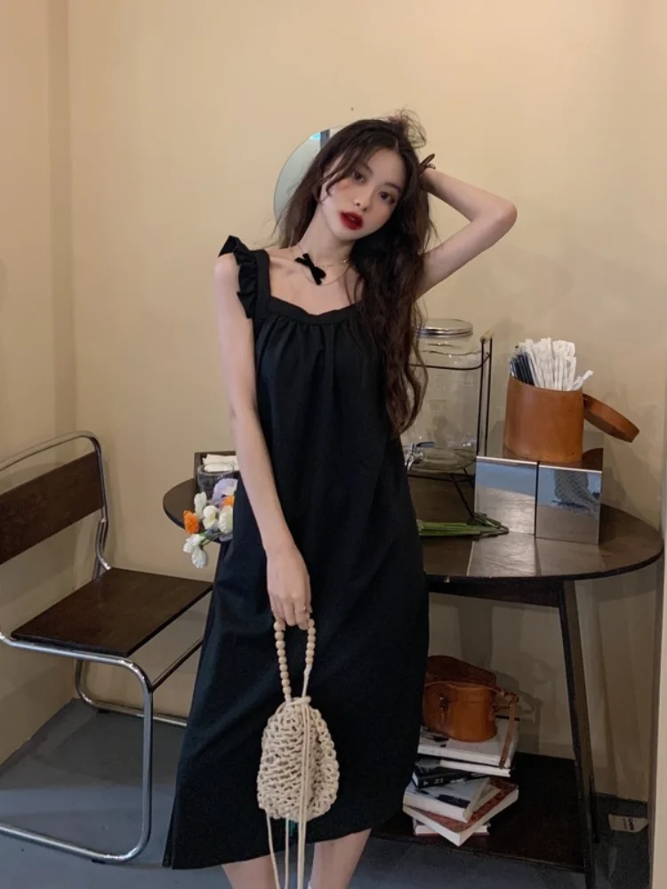 

Women's Dress Fashion Casual Dresses Solid Color Square Collar Sleeveless Long Black New Summer Lady A-LINE Mid-Calf