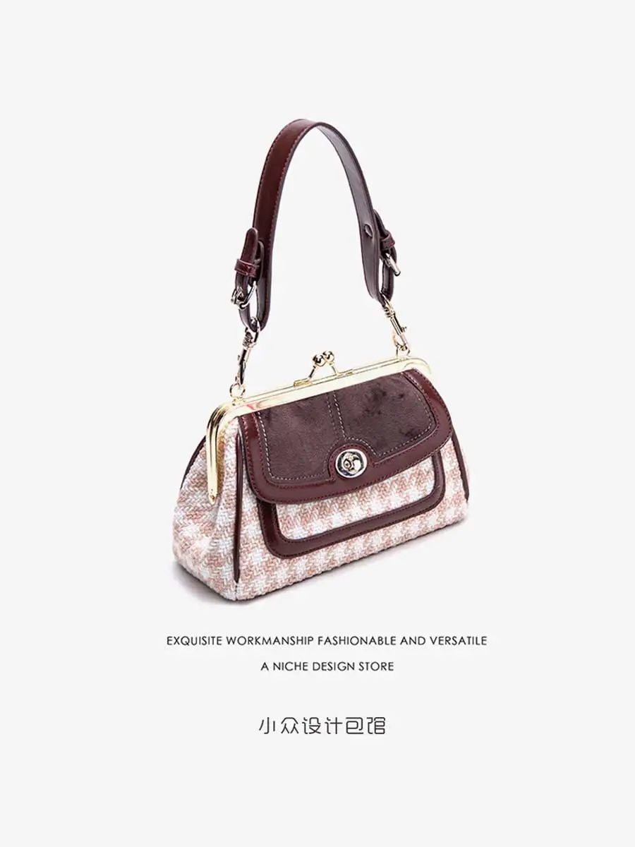 

Retro Satchels Houndstooth Woolen Clip Coin Purse Artistic Nostalgic Style Dinner Bag Patchwork Shoulder Bag Woman Clutch Bag