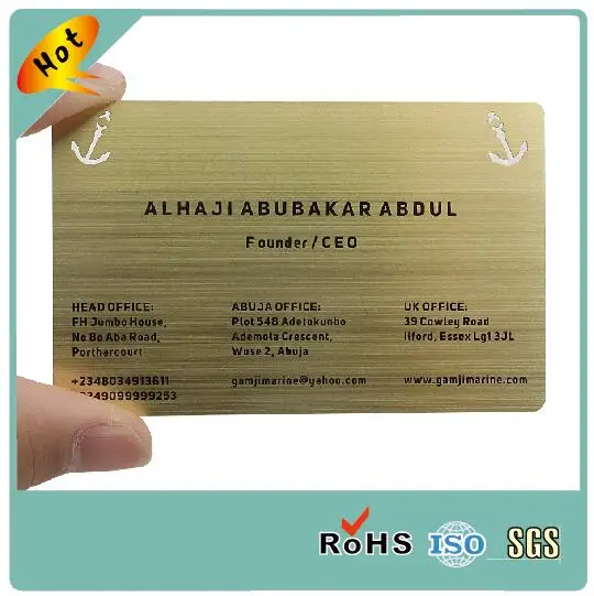 Credit card size Engraved or Etched Logo Vaccum gold Brushed Metal Business Card