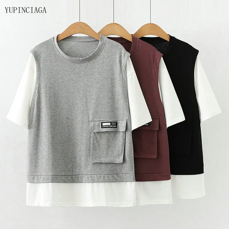 

Japan Style Fake Two Piece T-shirt Women 2021 Summer Literary Loose Casual Temperament O-neck Short Sleeve Femme Tops 2118493