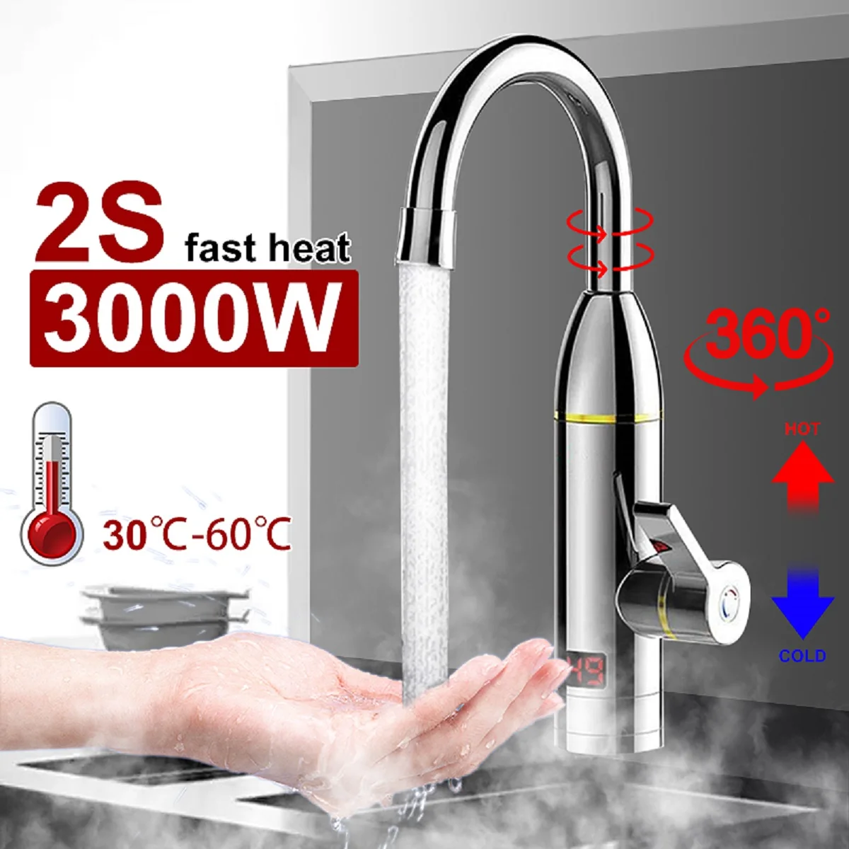 

220V 3000W Kitchen Instant Heating Faucet Heater Hot Cold Dual-Use Tankless Water Quickly Heating Tap Shower with LED Display