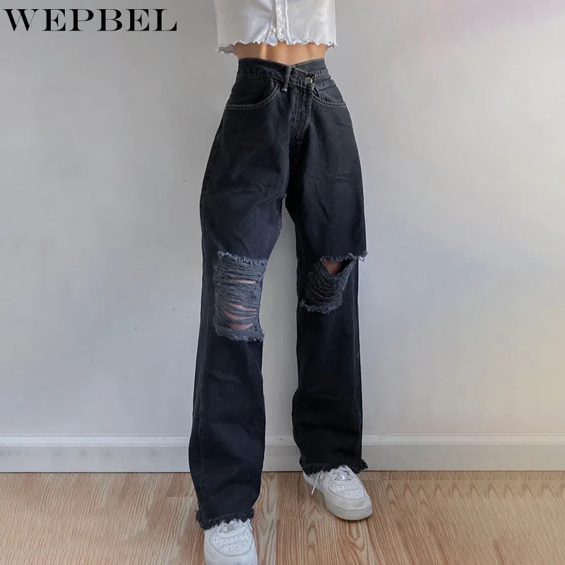 

WEPBEL Jeans Spring and Autumn Fashion Solid Color Loose Hole Denim Pants Women's Casual High Waist Button Straight Jeans