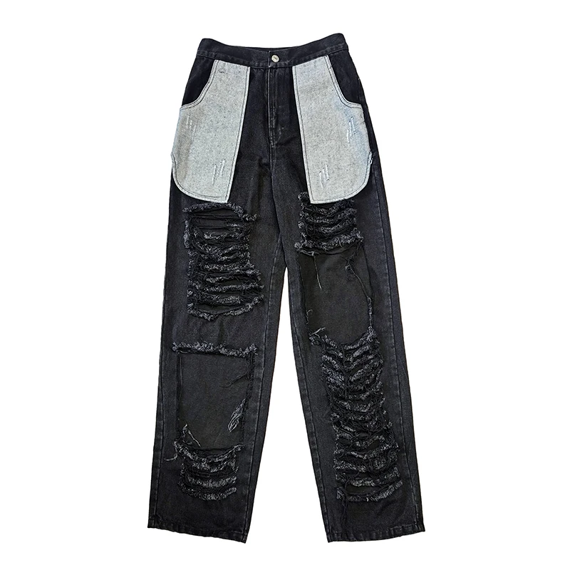 

[SEAT] High Waist Wide Leg Jeans New Loose Women Black Ripped Washed Patchwork Pockets Trousers Fashion Tide Ssummer 2021 7E7755